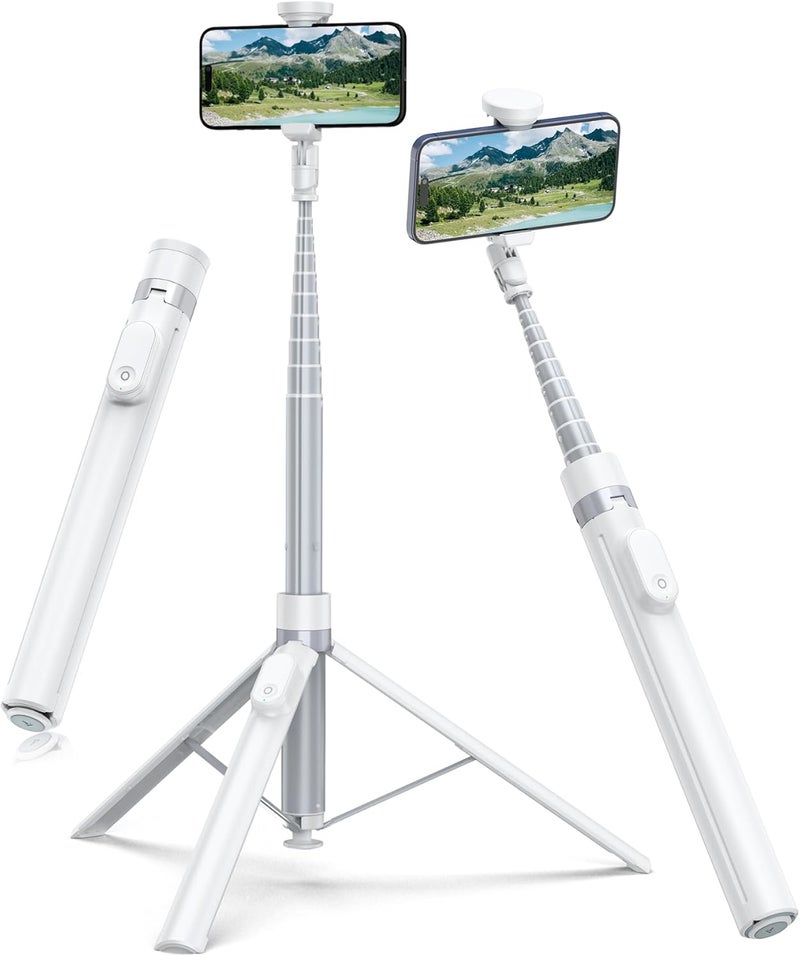 TONEOF 66" Automatic Phone Tripod with Magnetic Rechargable Remote,Selfie Stick 360° Vertical & Horizontal Rotatable,Stable for iPhone/Android(White) - Image 1
